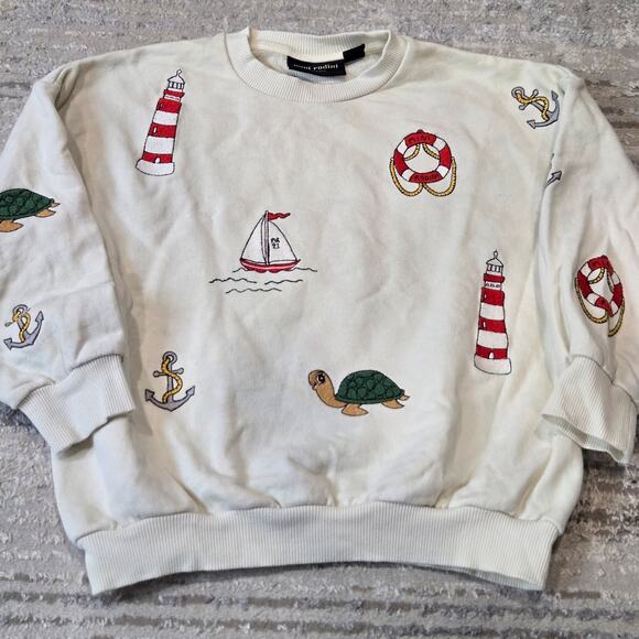 Mini Rodini Sweatshirt Cream Embroidered Nautical Sailing Turtle 6-7 - Picture 1 of 5